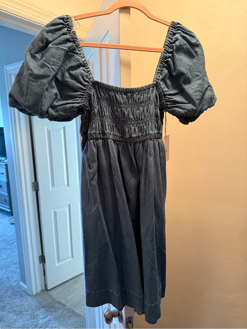 Smocked Puff Sleeve Denim Midi Dress - Blue